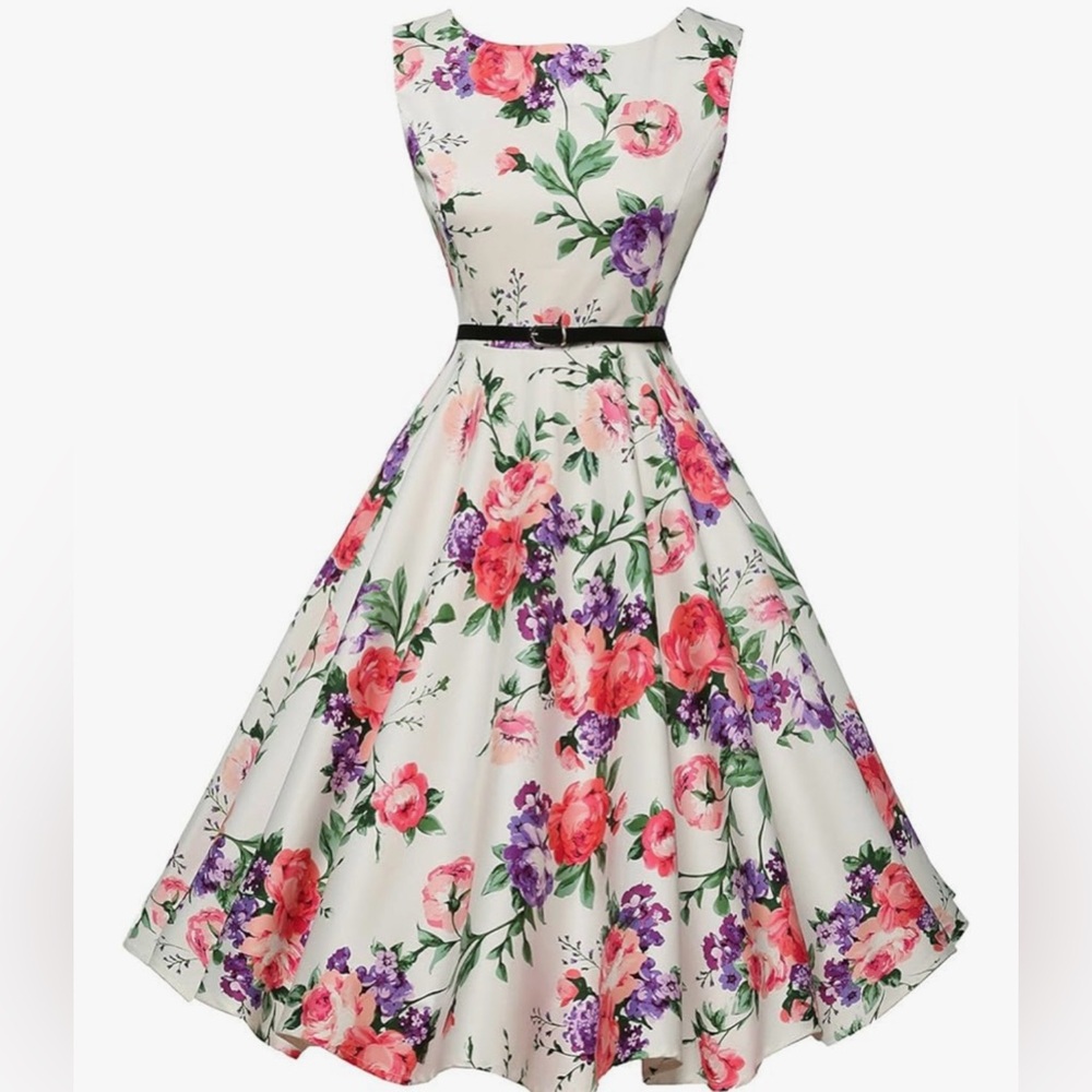 Grace Karin White Floral Sleeveless Midi Dress Fit and Flare Size 18